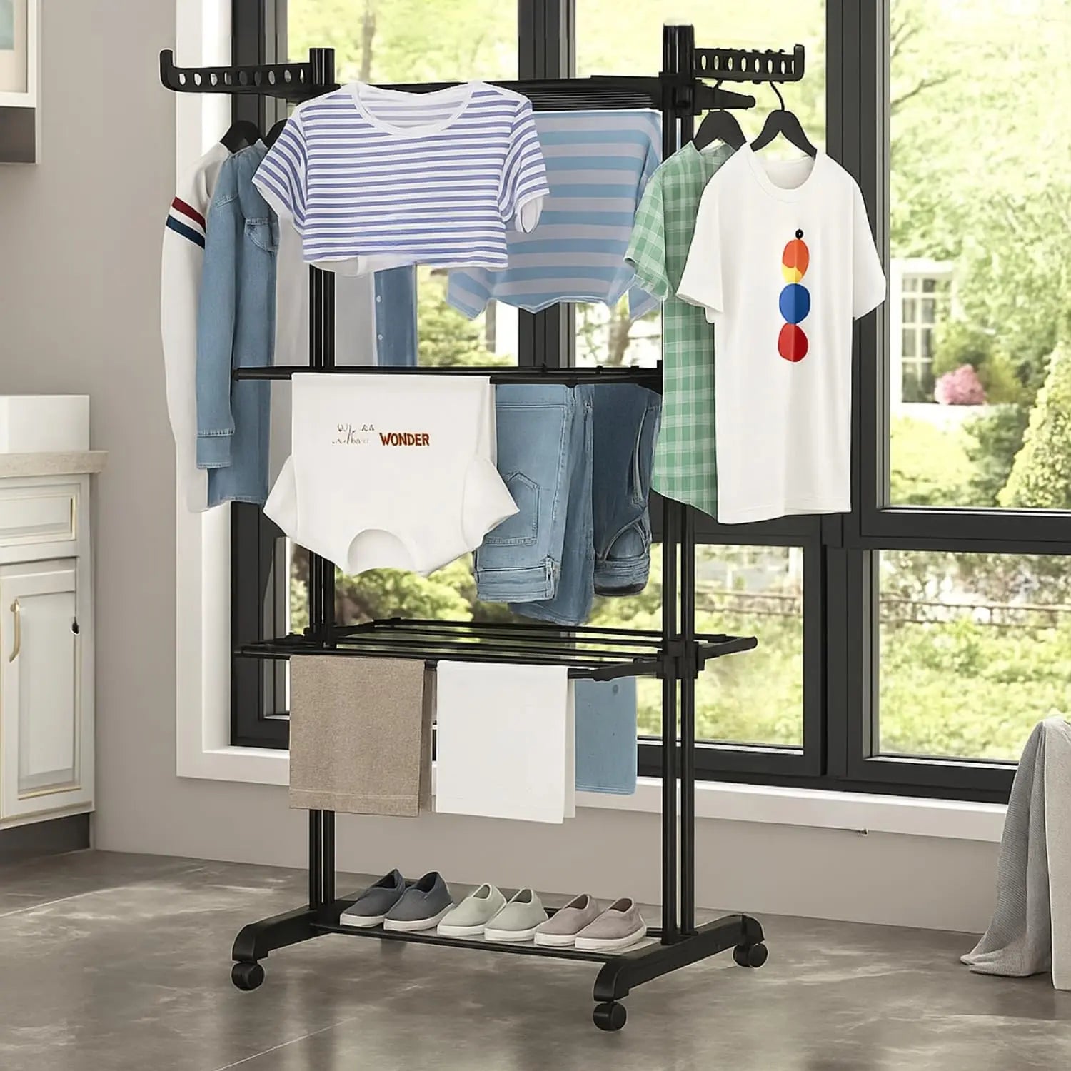Clothes Airer Clothes Drying Rack Indoor Clothes Horse Laundry Clothes Rack Clothes Dryer 4 Tier Foldable Space Saving With Shoe Rack Stainless Steel Easy Storage