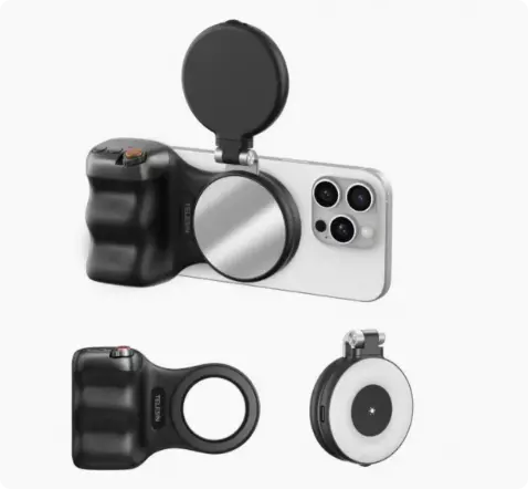 Magnetic Camera Stabilizer Grip + Magnetic Fill Light Bundle, Anti-Shake Handheld Photography Handle with Wireless Remote Zoom Control, 180° Rotatable 3 Colors LED Pocket Selfie Ring Light for Phone Shooting Vlog Live Makeup