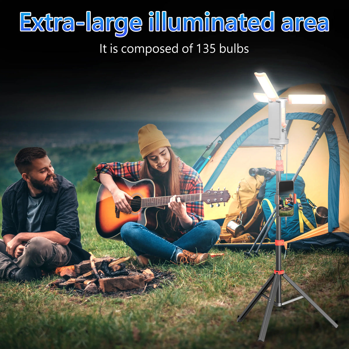 Rechargeable Portable 3-Head LED Work Light Camping Flashlight with 67-Inch Adjustable Tripod