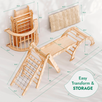 Cadre d'escalade Montessori 5-en-1 : Triangle de Pikler + Arche/Balançoire + Planche à glissière/Rampe + Corde filet + Coussin