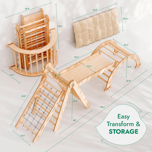 Cadre d'escalade Montessori 5-en-1 : Triangle de Pikler + Arche/Balançoire + Planche à glissière/Rampe + Corde filet + Coussin