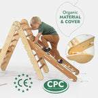 Cadre d'escalade Montessori 5-en-1 : Triangle de Pikler + Arche/Balançoire + Planche à glissière/Rampe + Corde filet + Coussin
