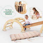 Cadre d'escalade Montessori 5-en-1 : Triangle de Pikler + Arche/Balançoire + Planche à glissière/Rampe + Corde filet + Coussin