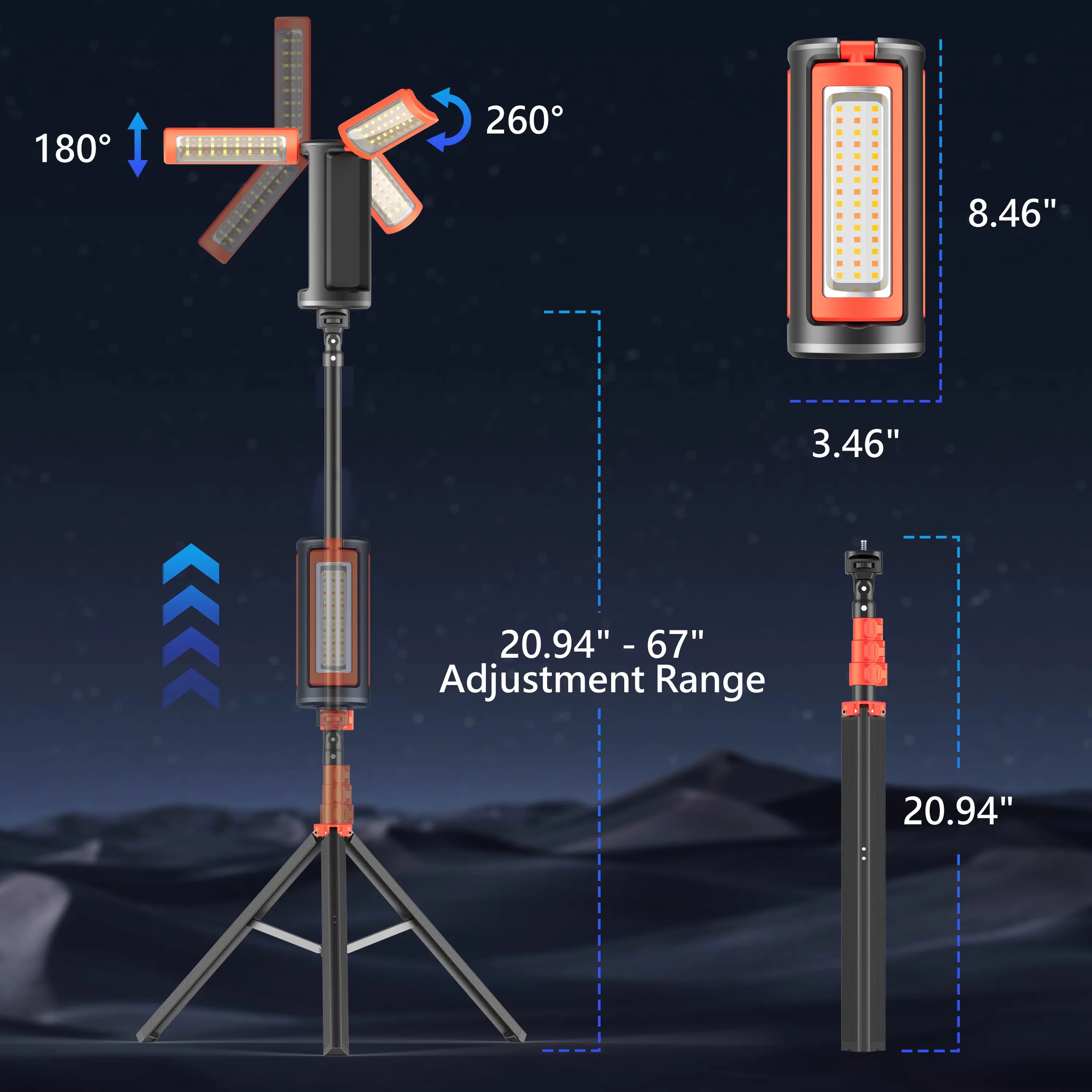 Rechargeable Portable 3-Head LED Work Light Camping Flashlight with 67-Inch Adjustable Tripod