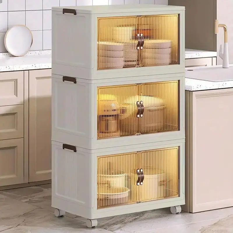 Foldable Storage Bins 128QT with Lid, Magnetic Doors & Lockable Wheels, Stackable storage Boxes for Living Room, Office, Kitchen, Dorm