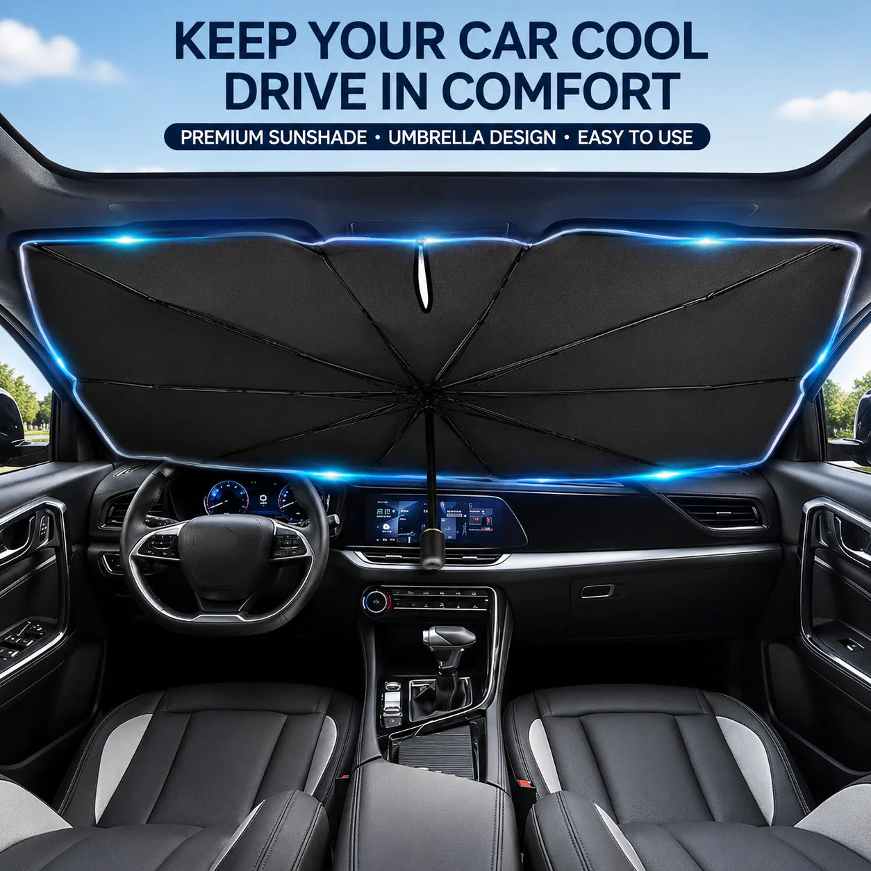 ☀️Car Sunshade – Effective Heat Insulation, UV Block & Easy Foldable Auto Windshield Protector