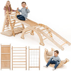 Cadre d'escalade Montessori 5-en-1 : Triangle de Pikler + Arche/Balançoire + Planche à glissière/Rampe + Corde filet + Coussin